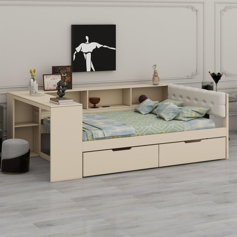 Lit plateforme avec tablettes de rangement, tiroirs, station de charge et tête de lit tapissier, Double, Crème, crème