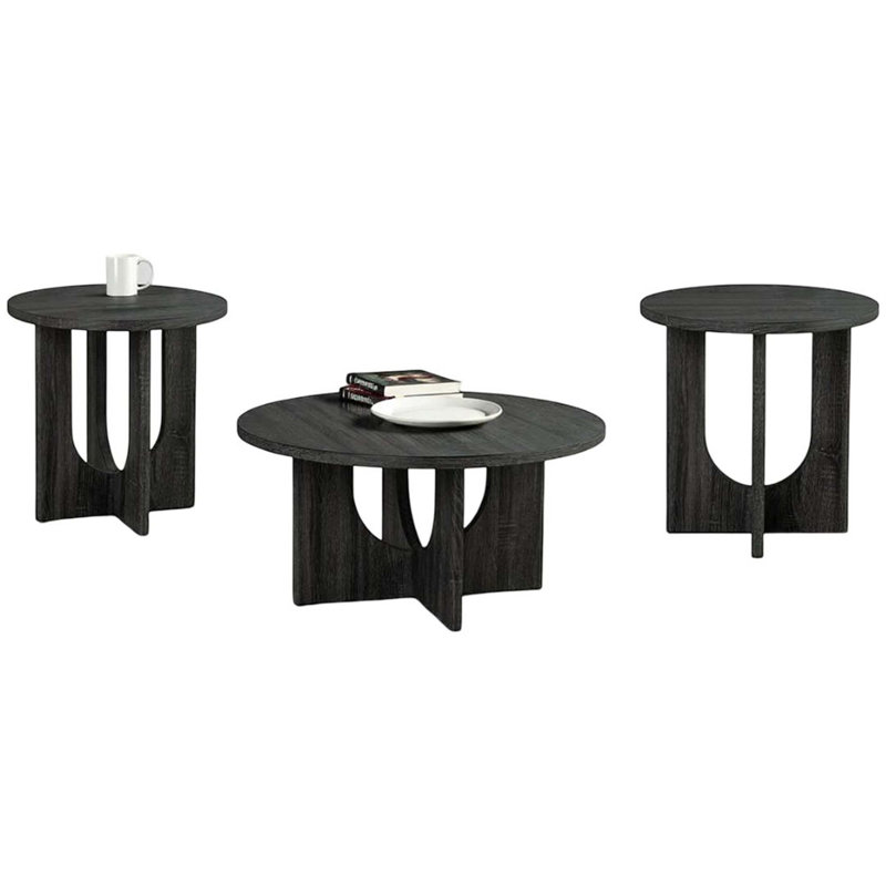Contemporary Style 3Pc Table Set With Round Coffee And End Tables, Cross-Arch Base Design For Modern Interiors
