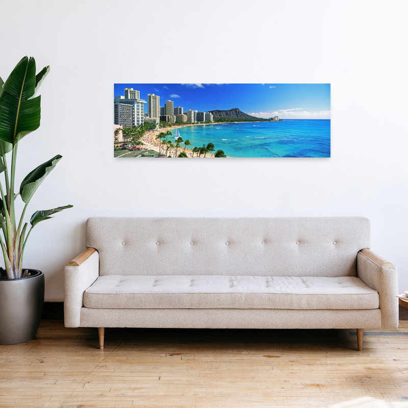 Palm trees on the beach Diamond Head Waikiki Beach Oahu Honolulu Hawaii USA 1 Piece Wrapped Canvas Panoramic Wall Art