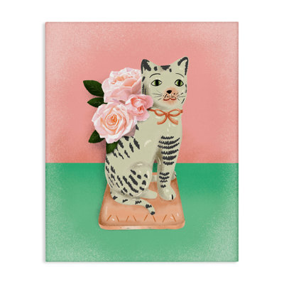 Vintage Cat Sculpture Pink & Green Canvas, design by Jilly Jack Designs