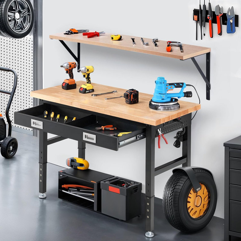 Workbench with Drawers Work Bench for Garage Adjustable Heavy Duty Garage Workbench with Shelf Bracket,Power Outlets