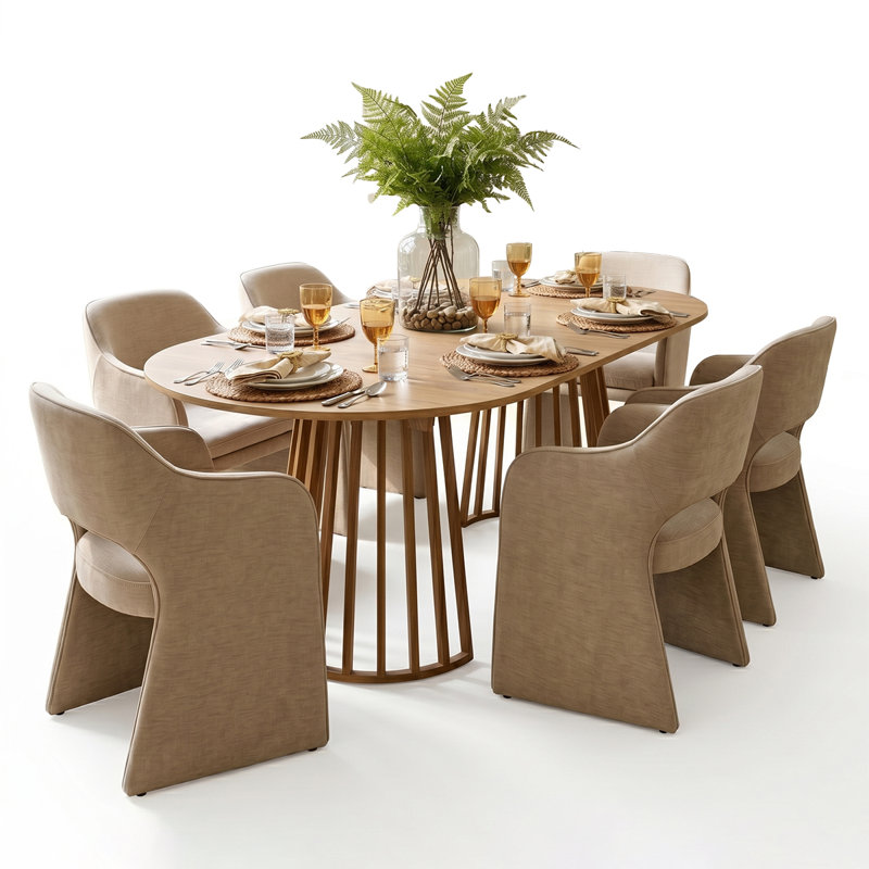 6- Person Dining Table Sets With Extendabe Oval Table & 6 Upholstered Chenile Diining Chairs, Brie