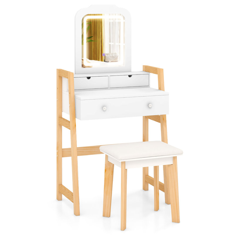  Ensemble de meuble-lavabo avec miroir à 3 lumières DEL tiroirs avec pieds en bois de pin massif blanc