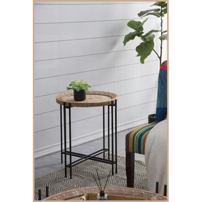 Table basse ronde à plateau en bois avec pieds en métal noir - Table d'appoint moderne peu encombrante pour le salon