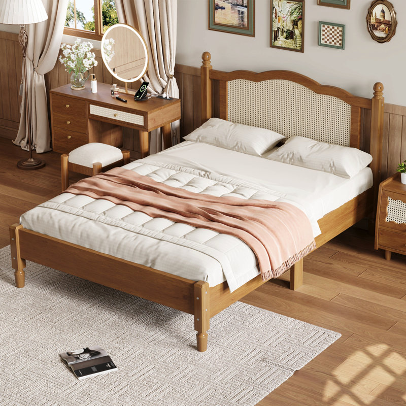 Lit plateforme en bois avec tête de lit en rotin naturel, cadre de lit rétro avec support en lattes de bois, Lit double