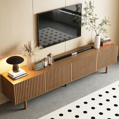 Meuble télé 86,6 po en bois pour console multimédia 90 pouces à 4 portes en noyer