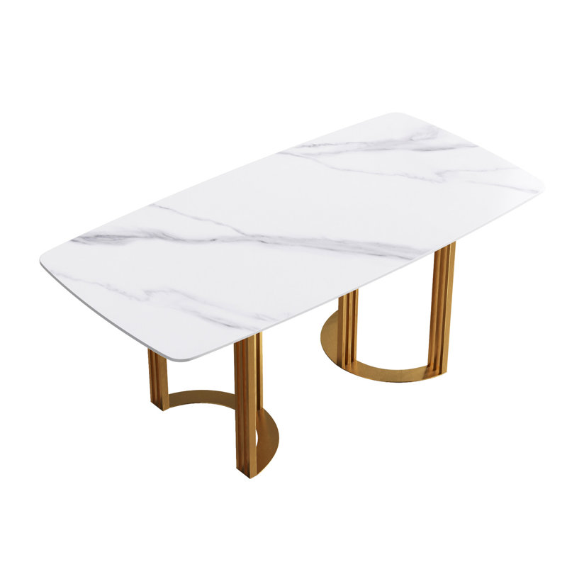 Table de salle à manger rectangulaire blanche avec plateau en pierre frittée de 70,15 po et pieds en métal doré