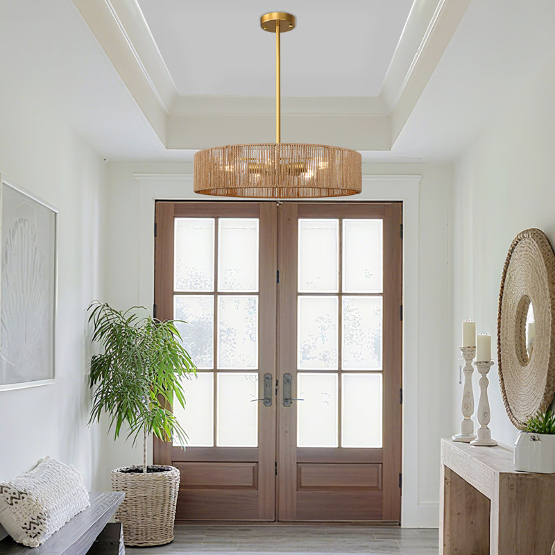 5-Light Bohemian Rattan Drum Chandelier, Gold