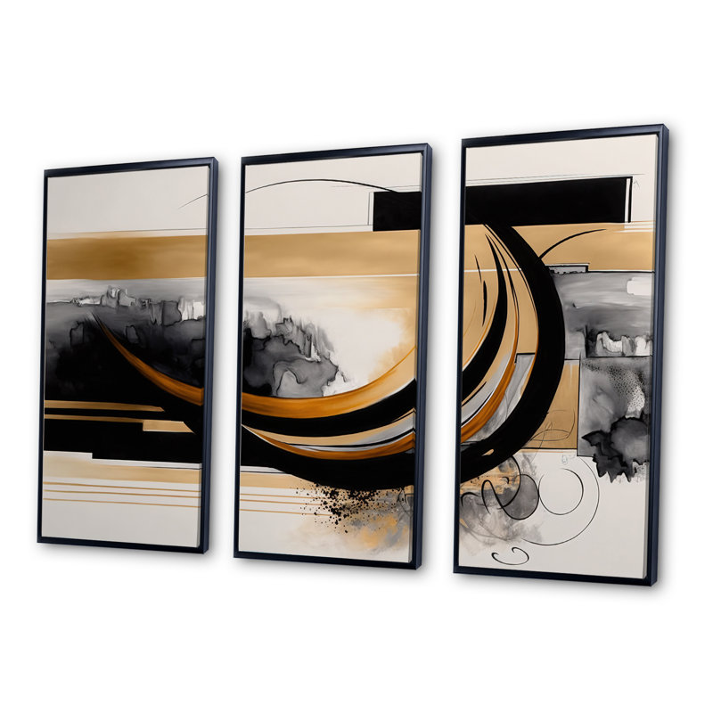 Gold Touch Art Deco II - ensemble d'art mural moderne sur toile, Cadre noir, H 28 po x l 36 po x P 1 po