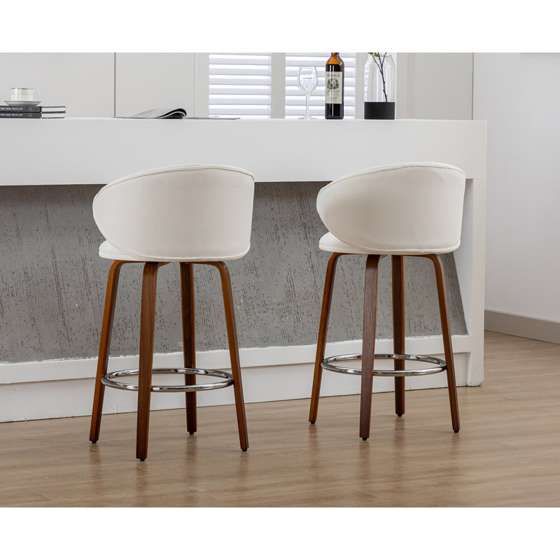White Upholstered Counter Stools with Solid Wood Frame, Set of 2