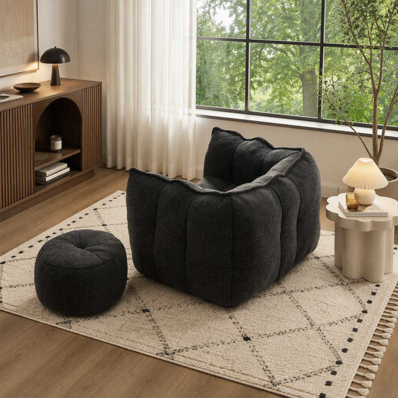 Fauteuil à billes Soft avec repose-pieds, Noir