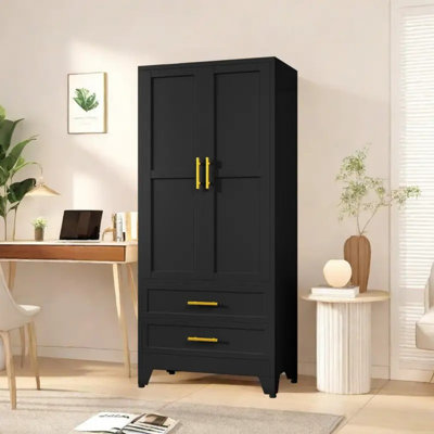 Armoire-penderie en métal 71 po avec 2 tiroirs, tablette réglable, pôle de séchage pour vêtements et armoire en acier pour chambre à coucher H 71 po