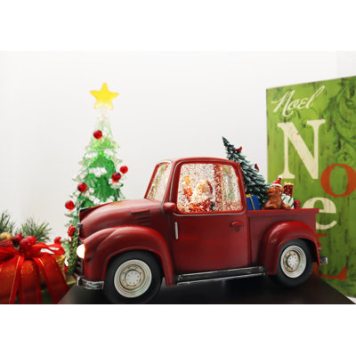 Santa & Xmas Tree in Truck Lighted Water Globe Spinner 8"x9" Musical Snow Globe with Swirling Glitter Battery Operated, Timer & USB