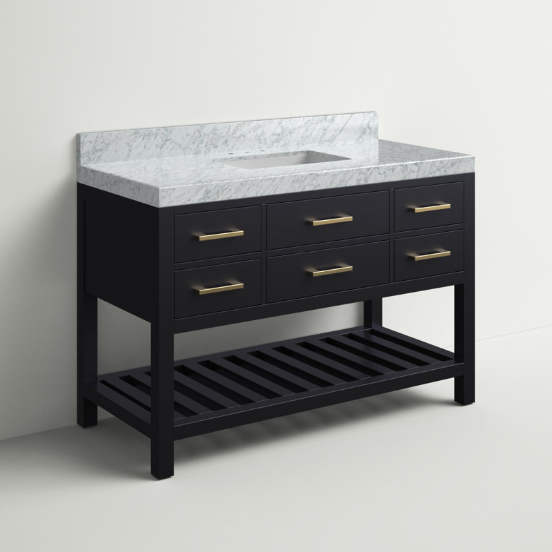 Ensemble de meuble-lavabo simple 48 po Carrie, Noir onyx / or brossé, Marbre blanc de Carrare