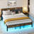King Upholstered Bed Frame With LED Lights & Storage Headboard, Metal Platform Bed with Charging Station, No Box Spring Needed-1030543744