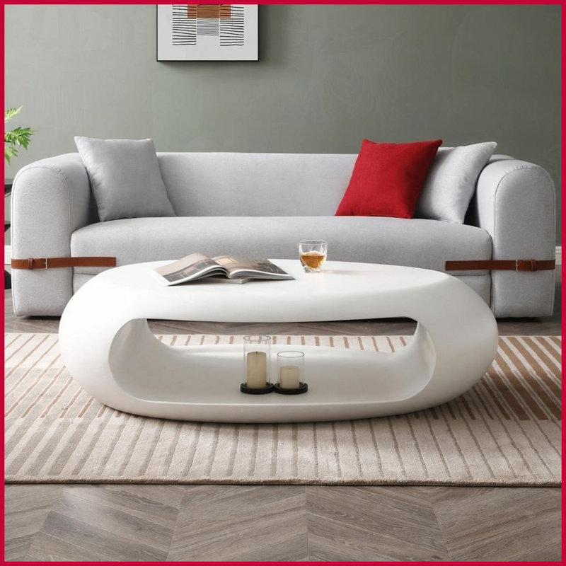 Table basse 53,93 po ovale en fibre de verre blanche pour le salon, aucun assemblage requis et facile à nettoyer, Blanc