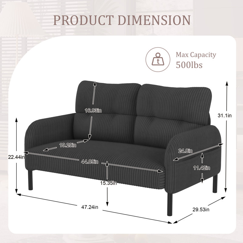 Velours côtelé, canapé double monochrome confortable, Gris