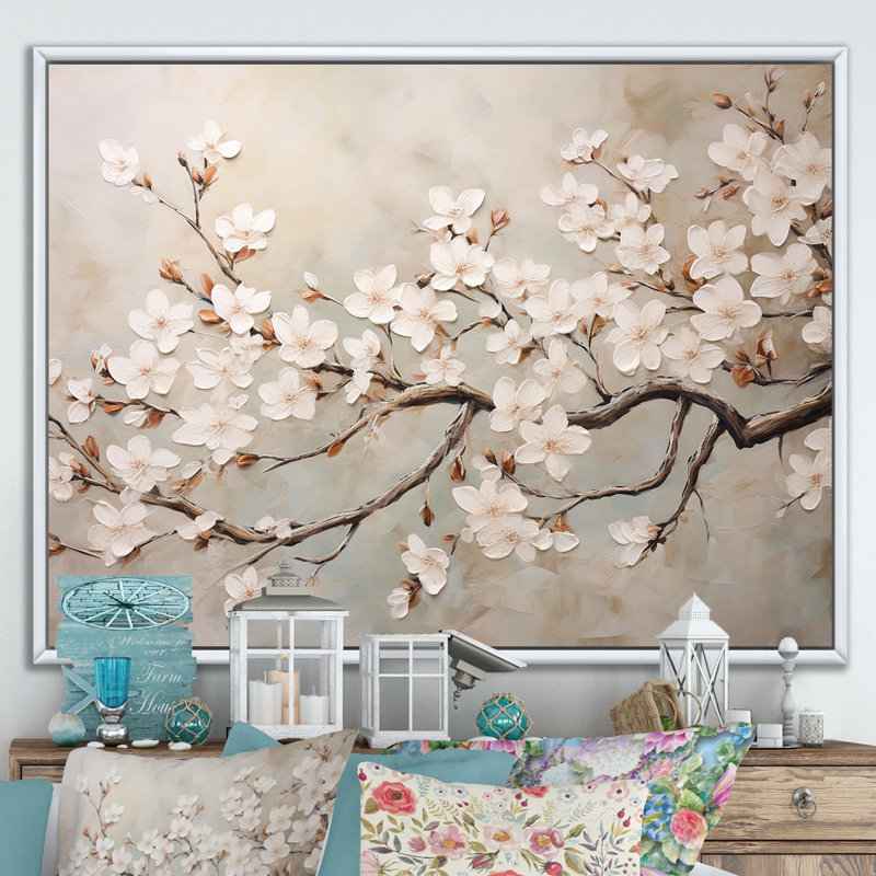 Minimalisme blanc et gris Cherry Blossom III - art mural Cherry Blossom, H 30 po x l 40 po x P 1,5 po, Cadre flottant blanc