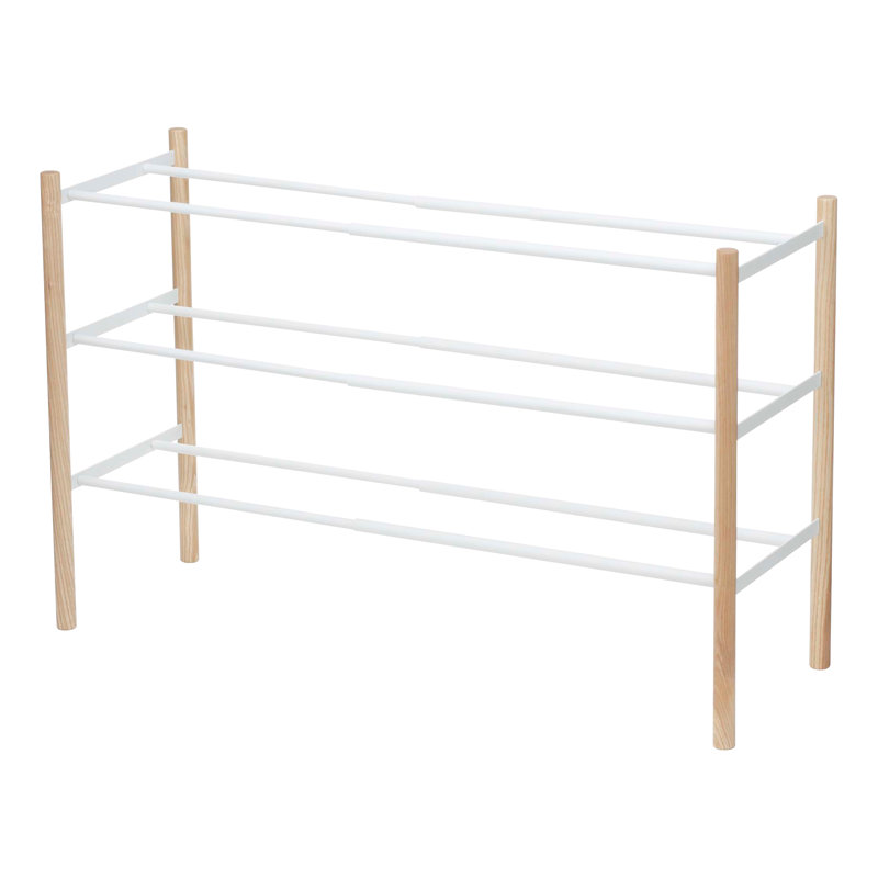 White Expandable 3-Tier Shoe Rack with Wood Accents