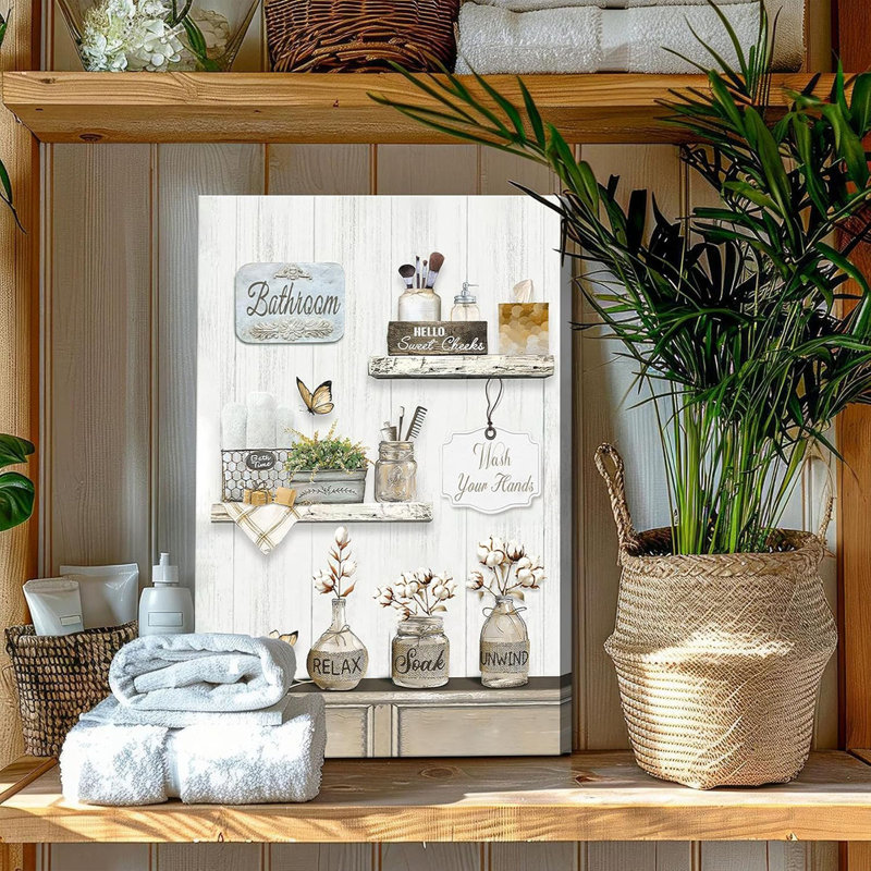 Farmhouse Bathroom Wall Art Relax Soak Unwind Sign Wall Decor Rustic Cotton Flower Bathroom Painting Retro Floral Jars Canvas Prints Theme Country Bath Painting Artwork Home Decor 16X24 Inch