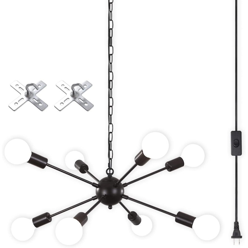 Black 8-Light Sputnik Plug-In Chandelier with Adjustable Chain