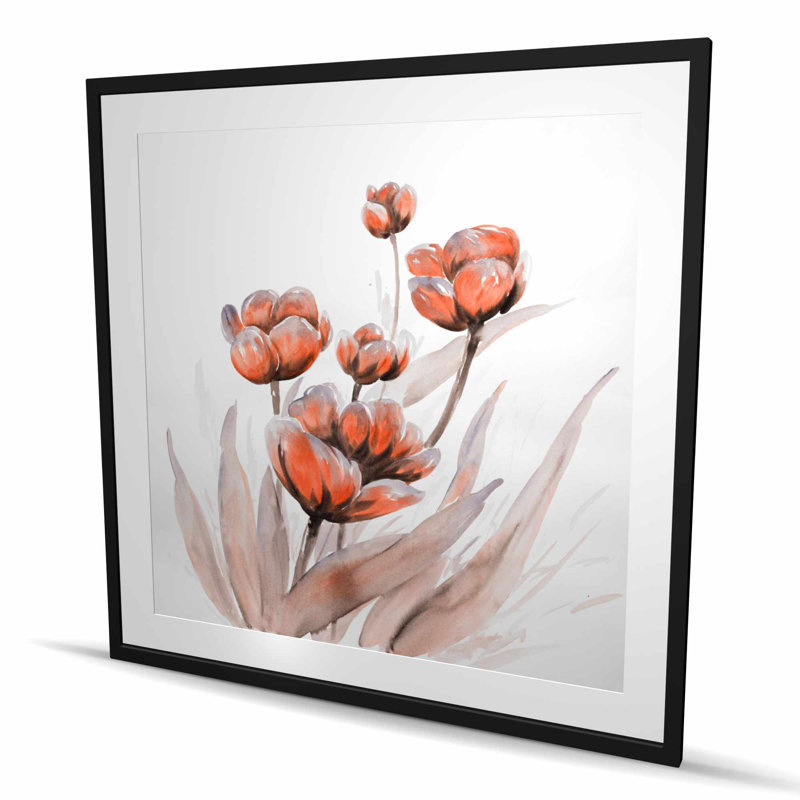 Aquarelle de fleurs sauvages - décor romantique rouge encadré
