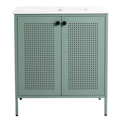 Armoire de salle de bain autoportante de 30 pouces avec lavabo en céramique - Meuble lavabo encastré en acier laminé à froid à la menthe moderne et moderne 30 "
