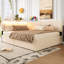 Base de lit simple à double boucle, structure de lit tapissier avec tête de lit, avec 2 tiroirs de rangement, éclairage à DEL et charge USB, pieds et lattes en bois massif, aucun sommier tapissier requis, beige