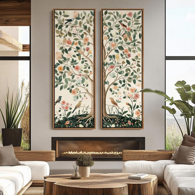 Vintage Floral and Bird Tree Wall Art - 20x60 inches Framed Canvas Set of 2