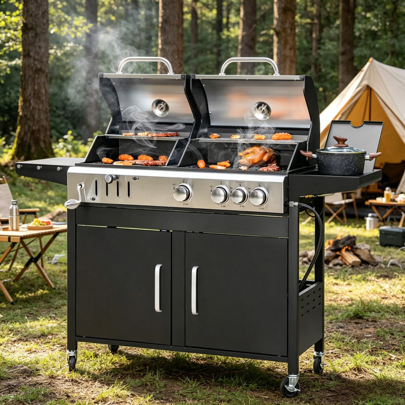 Four à deux brûleurs à double combustible, peut être utilisé pour la cuisson au gaz et au charbon de bois, 37 000 BTU avec brûleur latéral, extrêmement pratique pour la cuisson à l'extérieur.