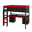 Lit mezzanine double avec lumières DEL multicolores, panneau perforé, bureau intégré et rangement, noir et rouge-624009420