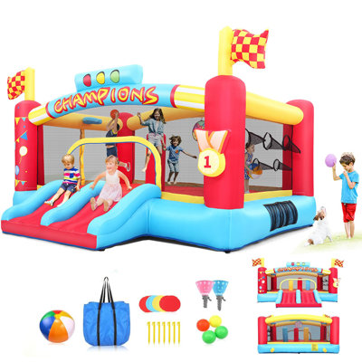 Jeu gonflable, grande maisonnette gonflable avec un grand espace de saut pour les enfants de 3 à 12 ans, doubles cerceaux de basketball et glissières, jeux de balle, jeu de lancer de balle
