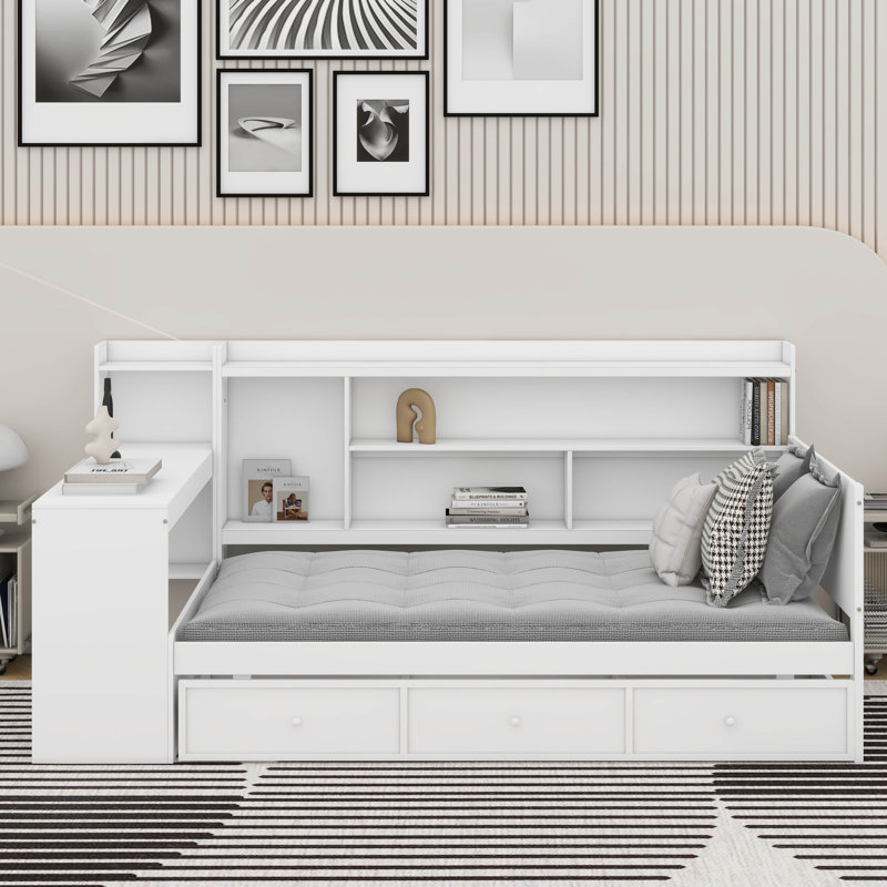 Lit de jour simple en bois avec tiroirs et bureau, Blanc