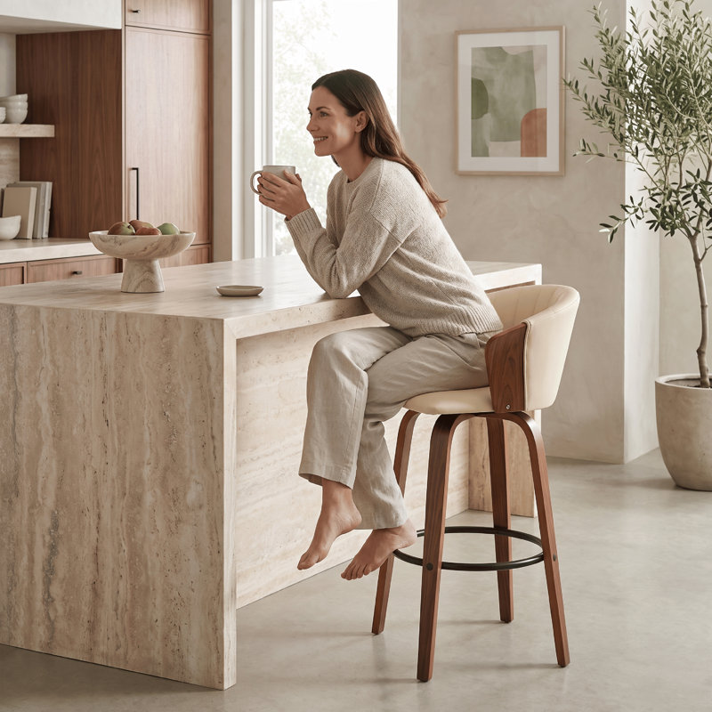 Tabouret de bar rembourré avec accoudoirs et repose-pieds Boeschen, Similicuir crème