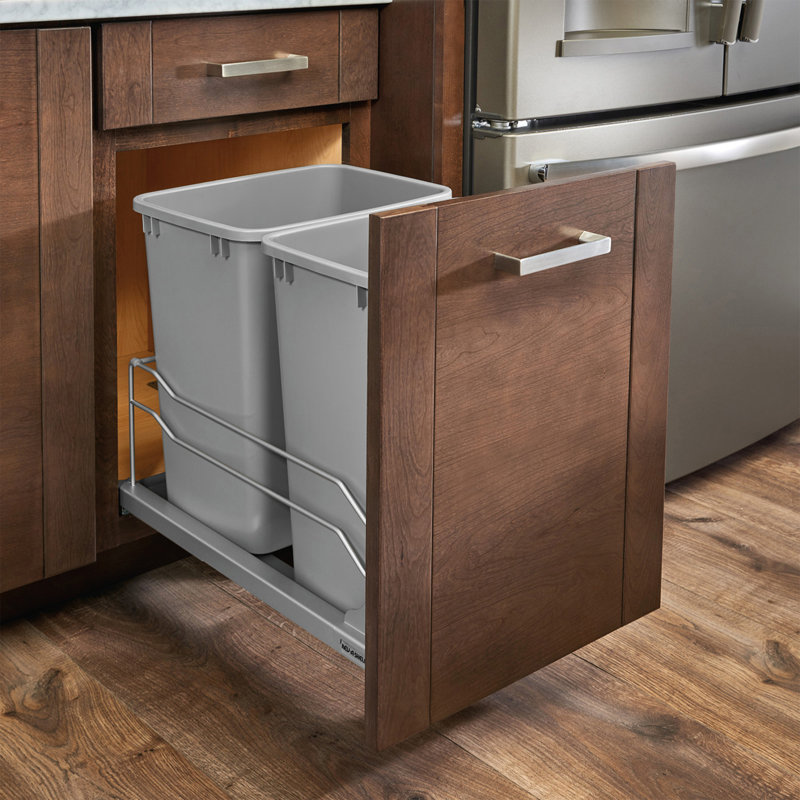 Rev-A-Shelf Double Pull Out Trash Can 27 Qt with Soft-Close, Metallic Silver