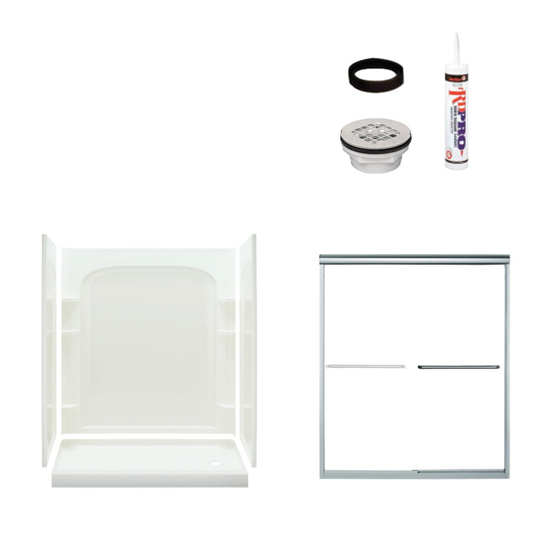Cabine de douche rectangulaire encadrée coulissante avec base l 60 po x H 73,75 po Ensemble inclus, Chrome / Blanc, Oui