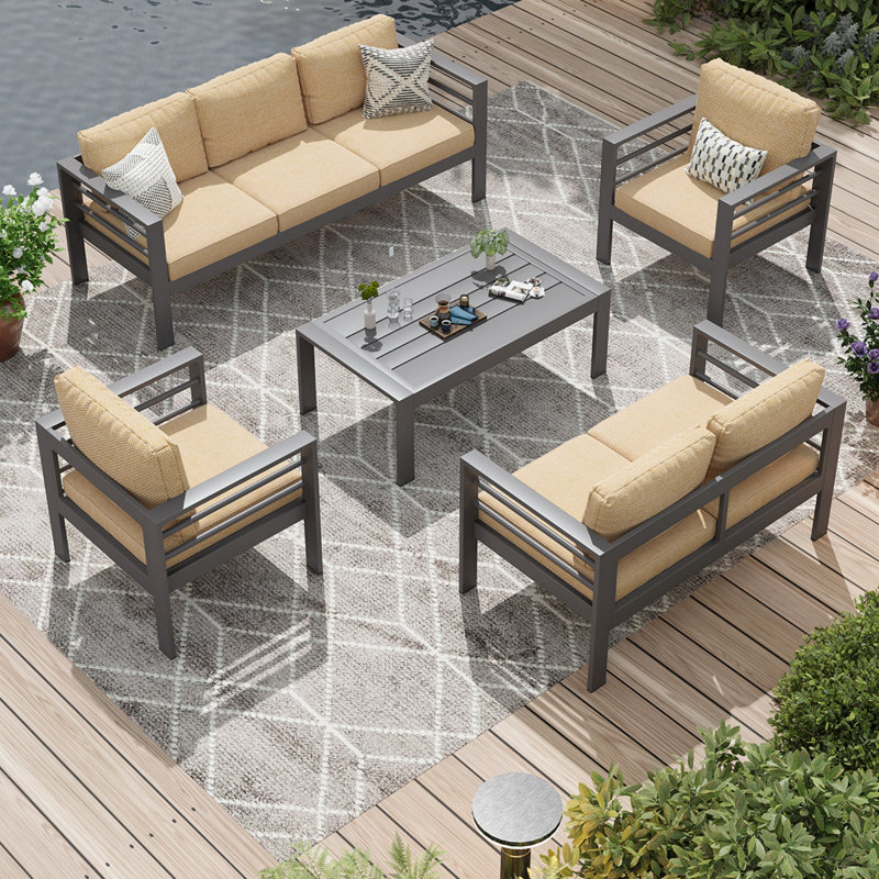 Aluminum 7-Seat Outdoor Patio Furniture Set, 5-Piece Modern Metal Sectional Sofa With Coffee Table, Dark Gray