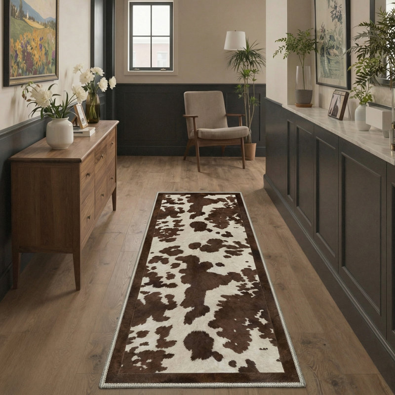 Aura Rustic Cowhide Machine Washable Beige / Brown Indoor Area Rug with Non-Slip Backing, Runner 2'3" x 6'