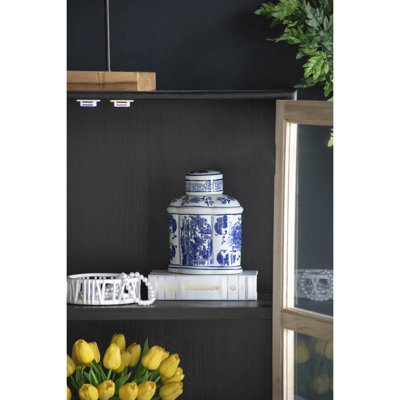Pot Ren bleu et blanc ovale avec couvercle, design traditionnel pour le rangement et la décoration, parfait pour les tables d'appoint et les vestibules