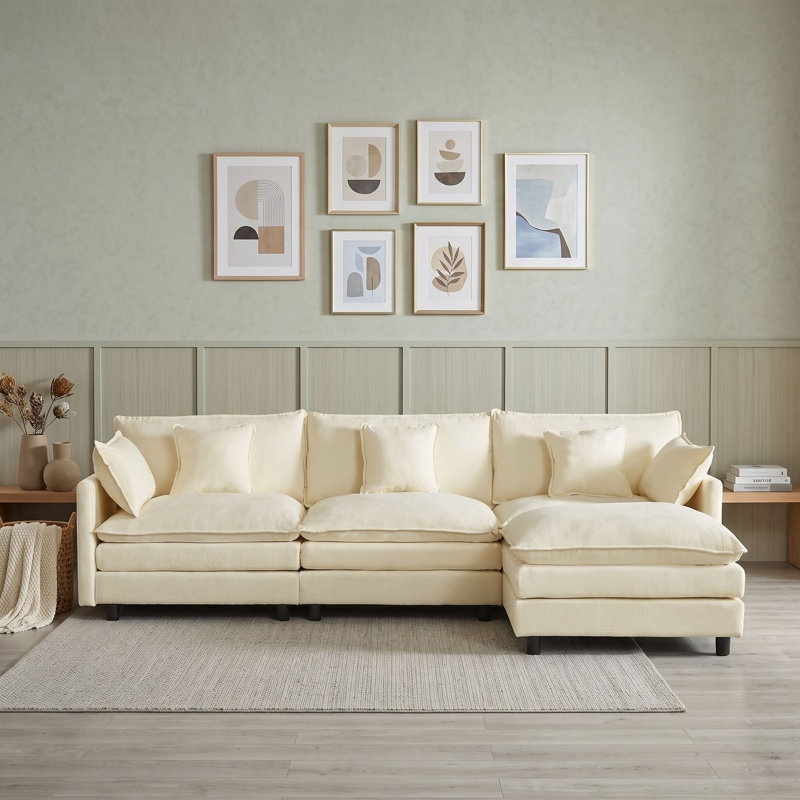 Canapé modulaire à trois places avec repose-pieds et coussin, Beige