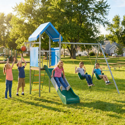 Ensemble de jeu pour enfants avec balançoires doubles, glissade et panier de basketball, équipement de terrain de jeu en acier galvanisé pour la cour