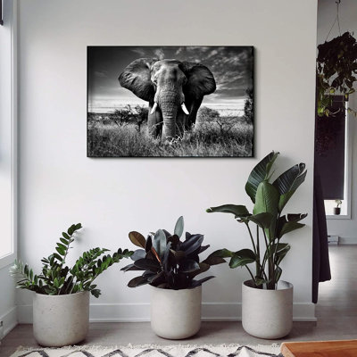 Éléphant tropical, art mural sur toile: éléphant noir, peinture murale, peinture d'Afrique, animal de chambre à coucher, salon, impressions, prêt à accrocher 36 x 24