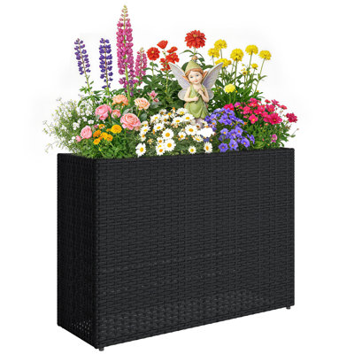 Raised Garden Bed with Adjustable Foot Pads for Patio, Balcony, PE Rattan Wicker Planter, Freestanding Steel Frame Rattan Planter Stand with Removable Liner for Flowers, Vegetables, Black