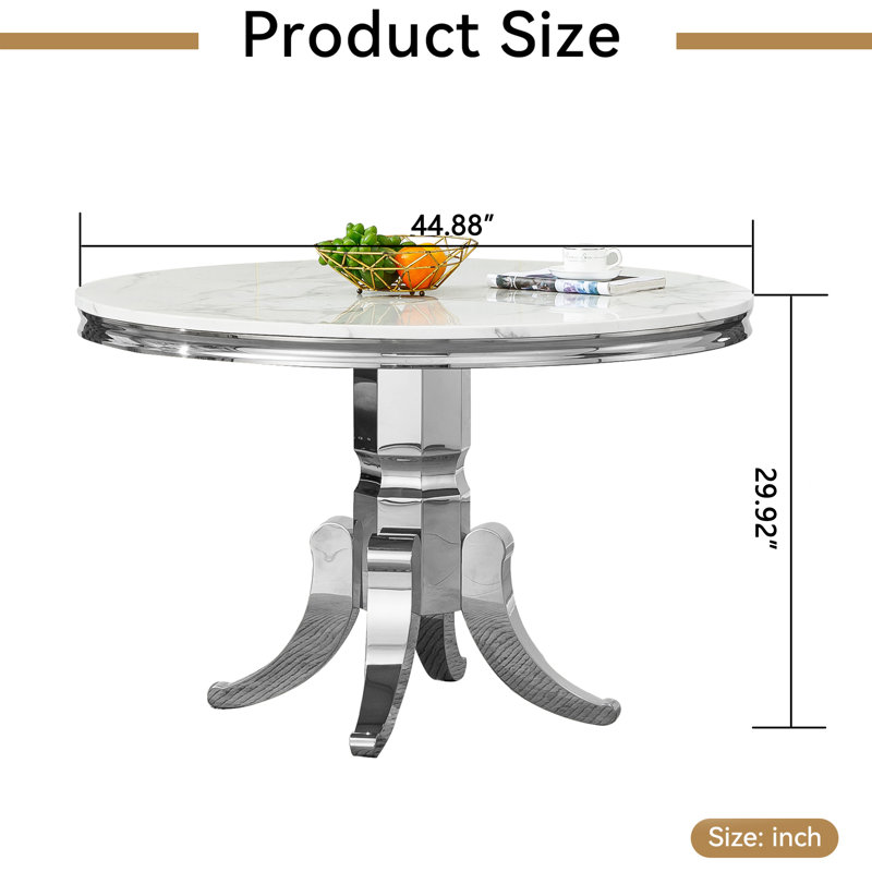 White Marble Dining Table, Luxurious 44.88" Circle Dining Room Table with Printed Marble Top and Stainless Steel Pedestal, Modern Round Kitchen Table for 6