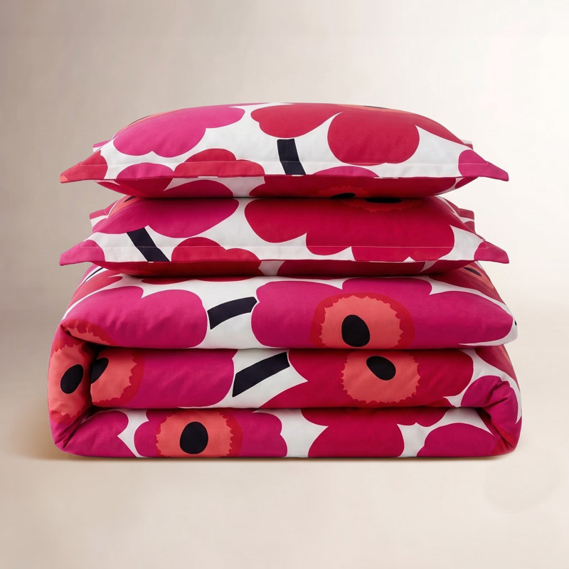 Marimekko Unikko Cotton Red Duvet Cover Set, Queen Duvet Cover + 2 Shams, Red/Pink