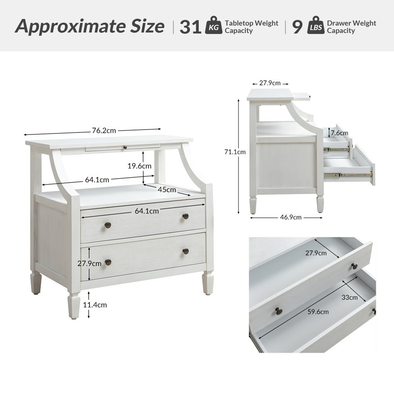 76cm W Manufactured Wood Bedside Table, White