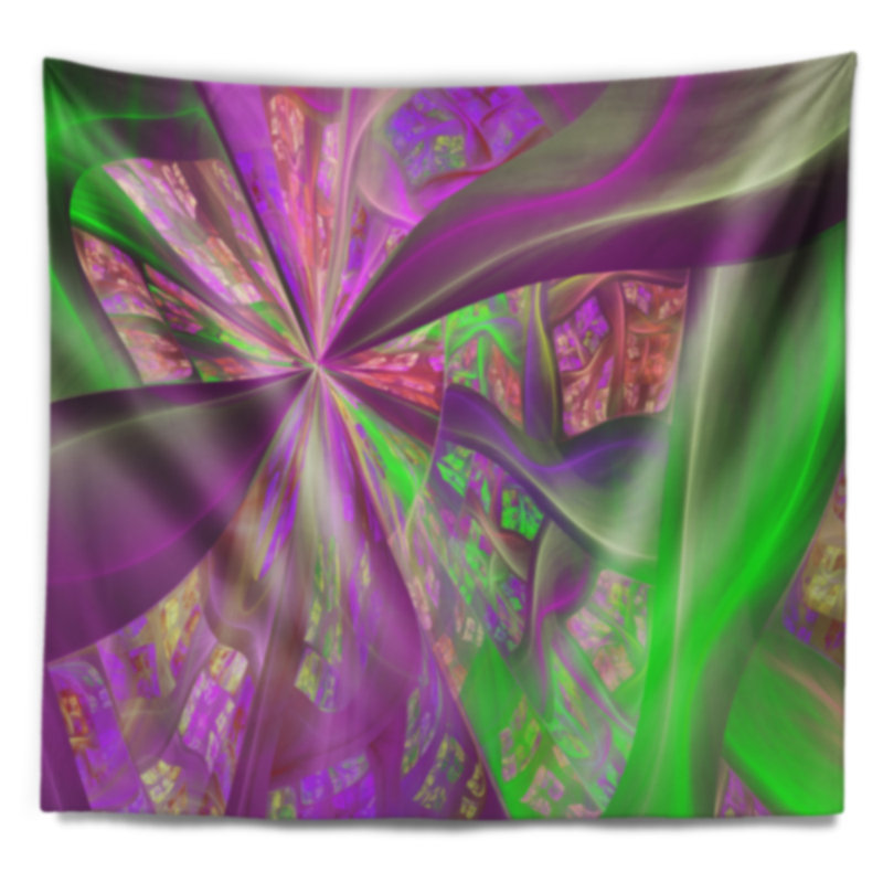 Tapisserie abstraite à courbes fractales vert-rose, H 32 po x l 39 po