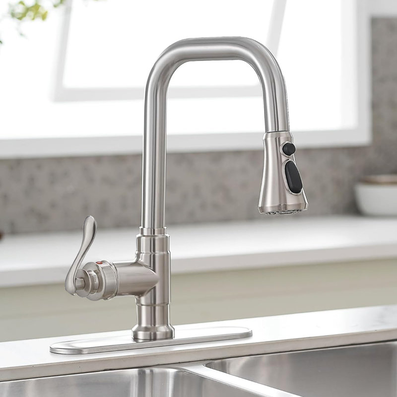 Spring Single Handle Pull-Down Sprayer Kitchen Faucet Deckplate Included In Brushed Nickel, Brushed Nickel