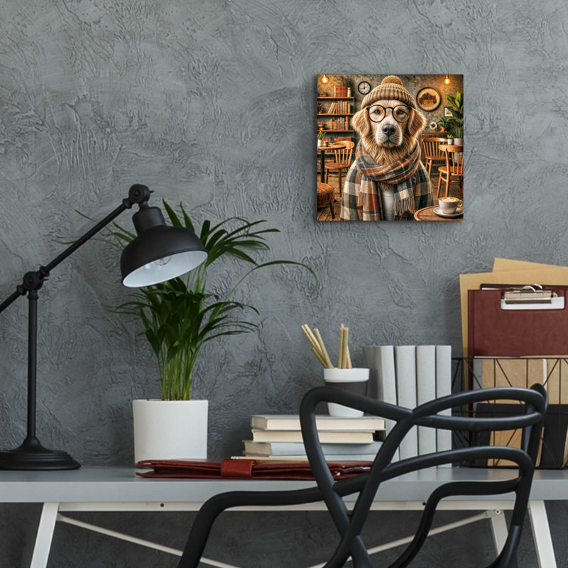 «Hipster Dog - Golden Retriever» par Rey Klimt, art mural en verre acrylique, H 12 po x l 12 po x P 0,13 po