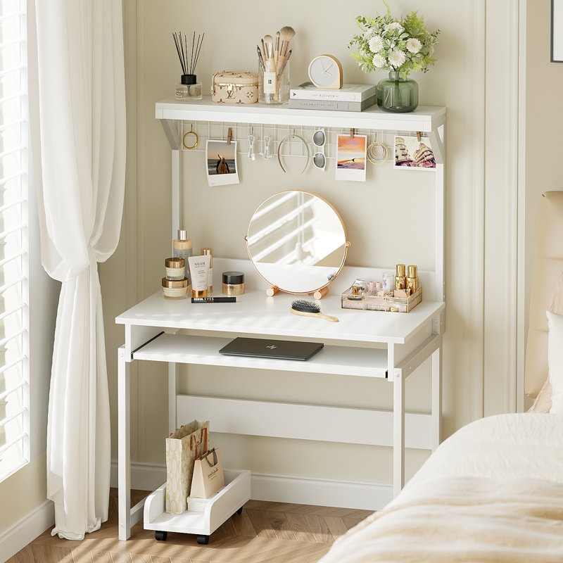 31.5" Computer Desk with Hutch, Space-Saving Office Desk, Study Table, Workstation PC Table, White